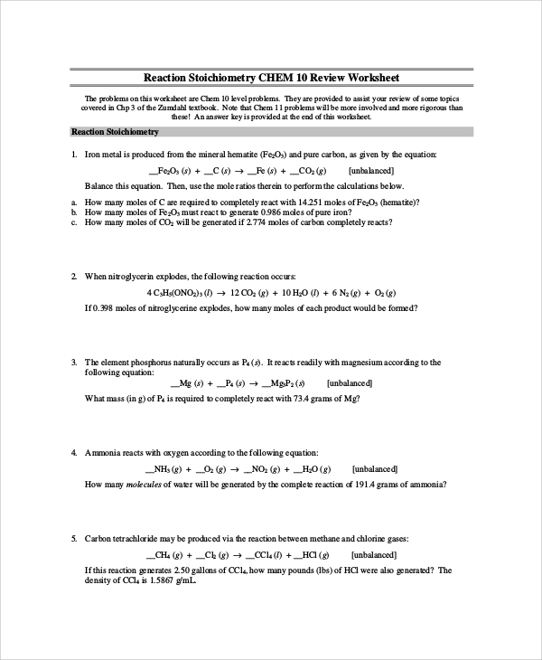 stoichiometry review worksheet pdf